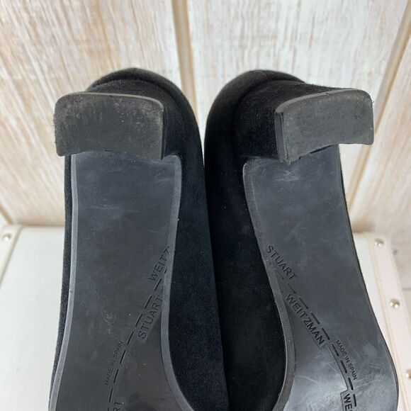 Stuart Weitzman Black Suede Low Heels Tortoise Patent Toe Cap 8 Narrow - Picture 10 of 13
